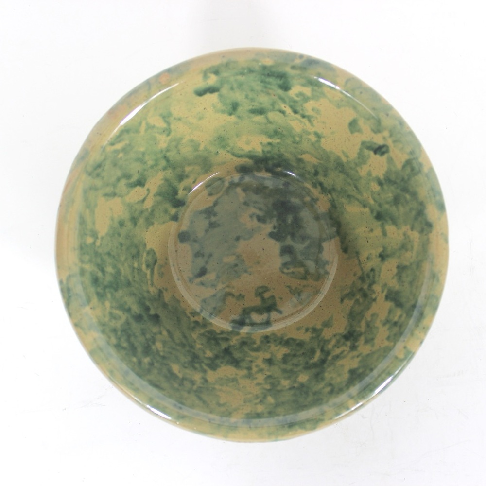 Vintage Sponge ware Bowl Green Primitive Rustic Speckled Pottery